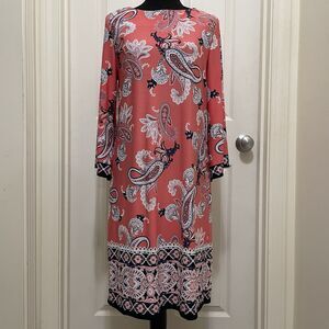 Studio One Basic Shift Dress Paisley Pink Coral 3/4 Bell Sleeve Women’s Medium
